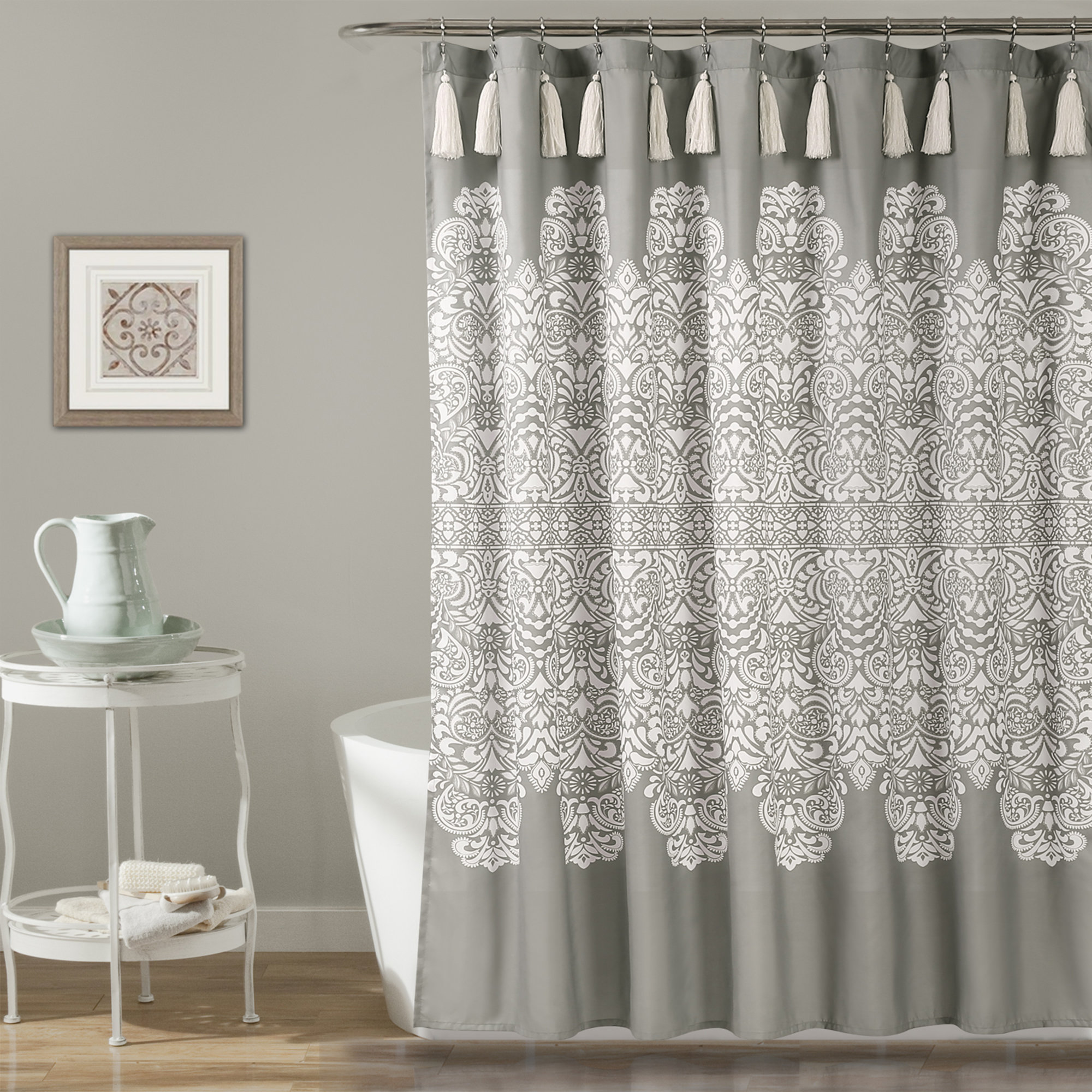 Medallion Fabric Shower Curtain and fashion Accessories 5 Piece Set Blue Floral